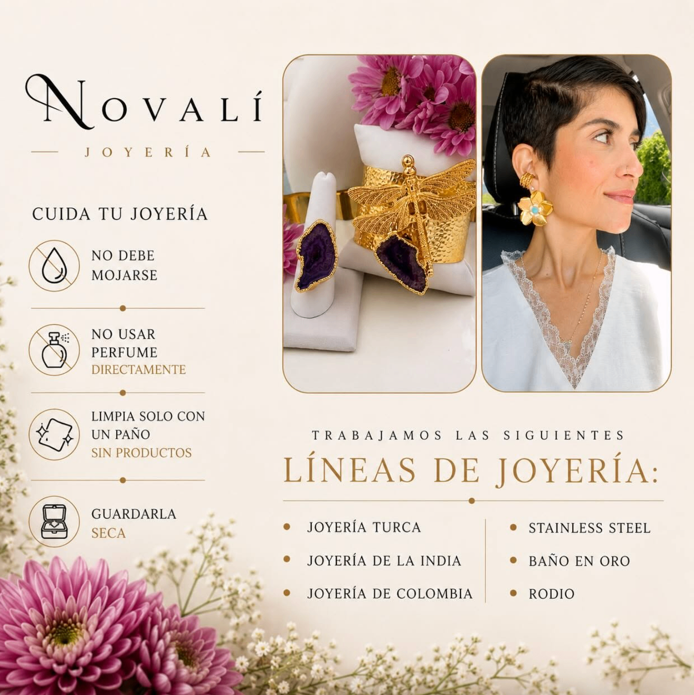 Flyer Novalí Joyería con cuidados y colecciones